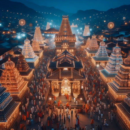 Ancient temple covered in lights, Ai generated imageの写真素材
