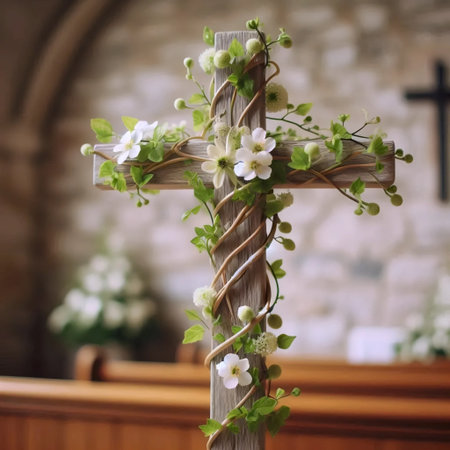 A wooden cross covered in fresh flowers, Ai generated imageの写真素材