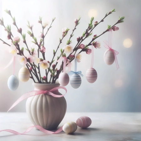 A blossoming branch decorated with hanging eggs, Ai generated image
