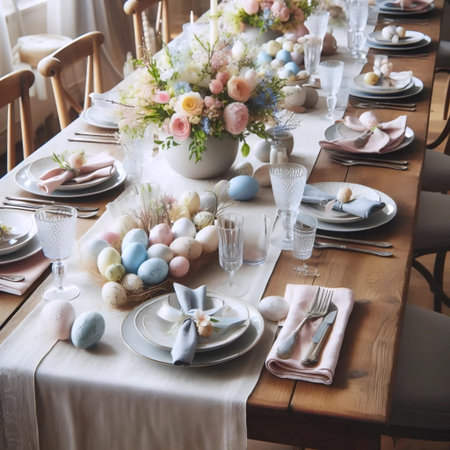 An elegantly set table for holiday brunch, Ai generated imageの写真素材