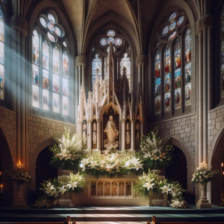 A flower-covered altar in a sunlit cathedral, Ai generated imageの写真素材