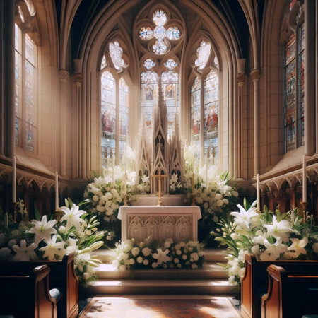 A flower-covered altar in a sunlit cathedral, Ai generated imageの写真素材