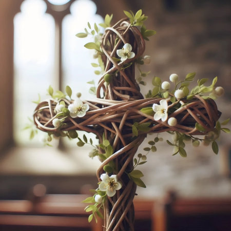 A wooden cross covered in fresh flowers, Ai generated image