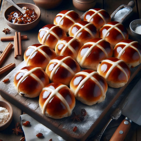 Freshly baked buns on a wooden board, Ai generated imageの写真素材