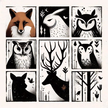 Hand-drawn square animal illustrations, Ai generated imageの写真素材