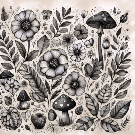 Hand-drawn square botanical illustrationの写真素材