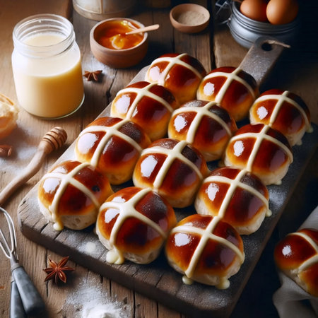 Freshly baked buns on a wooden board, Ai generated imageの写真素材