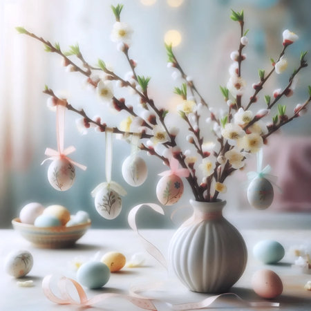 A blossoming branch decorated with hanging eggs, Ai generated image