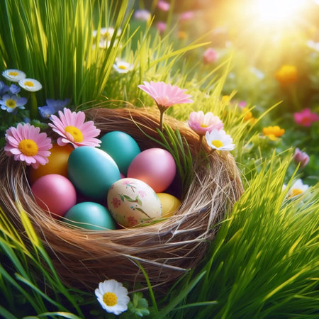 A nest of decorated eggs in spring grass, Ai generated image
