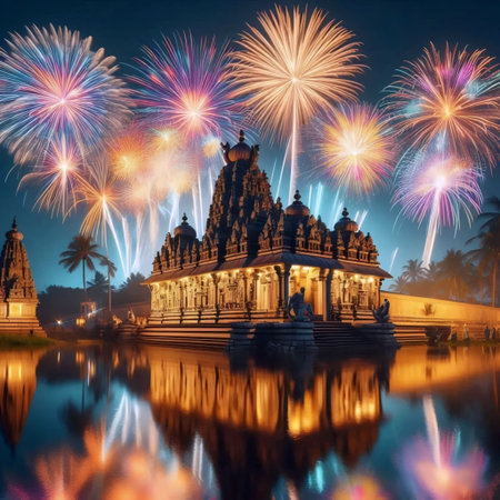 Spectacular fireworks over ancient temple, Ai generated imageの写真素材