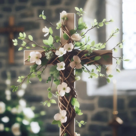 A wooden cross covered in fresh flowers, Ai generated imageの写真素材