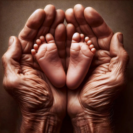 A babys feet in adult hands, Ai generated image