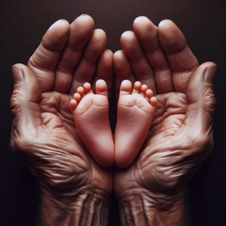 A babys feet in adult hands, Ai generated imageの写真素材
