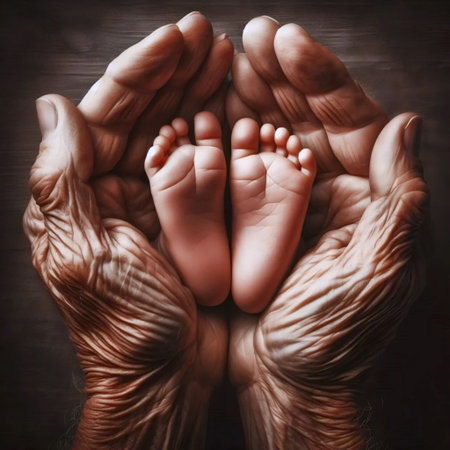 A babys feet in adult hands, Ai generated imageの写真素材