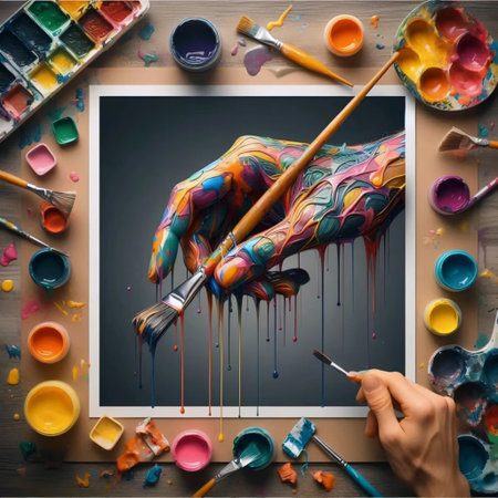 An artists paint-stained hands, Ai generated imageの写真素材
