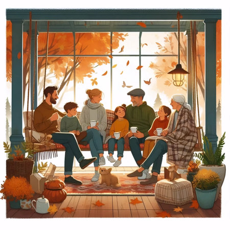 Autumn porch gathering, Ai generated imageの写真素材