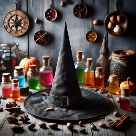 Witch hat and potions, Ai generated image