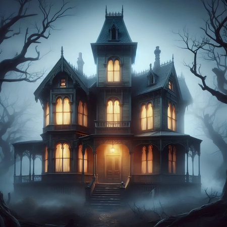 Spooky haunted house, Ai generated imageの写真素材