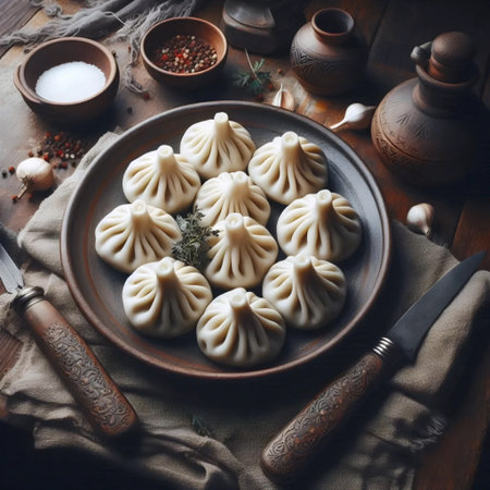Khinkali with traditional accessories, AI generated image