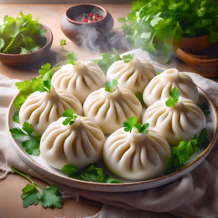 Khinkali with herbs garnish, AI generated image