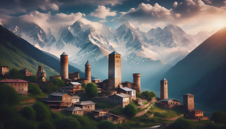 Svaneti tower landscape, AI generated image