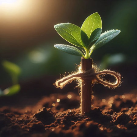 A seedling supported by a stake, Ai generated imageの写真素材