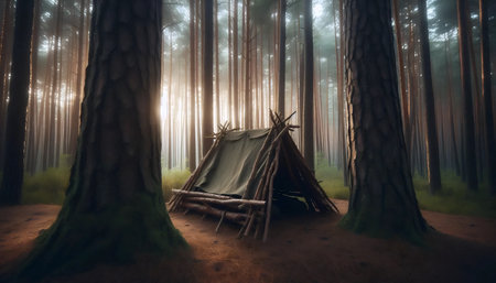 A makeshift shelter in pine forest, Ai generated image