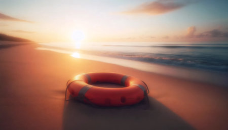 A life preserver on a deserted beach, Ai generated image