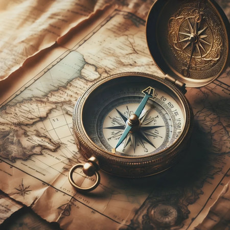 A compass on a detailed map, Ai generated image