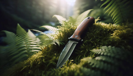 A weathered survival knife on moss, Ai generated image