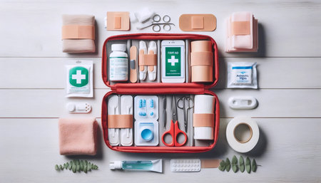 A first aid kit opened neatly, Ai generated image
