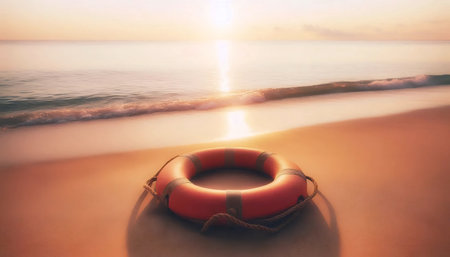 A life preserver on a deserted beach, Ai generated image