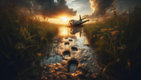 A survivors footprints in mud, Ai generated image