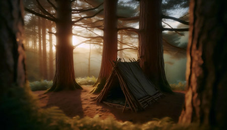 A makeshift shelter in pine forest, Ai generated image