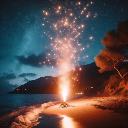 A signal fire on a beach, Ai generated image