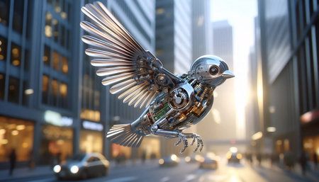 A mecha-sparrow in flight, Ai generated image