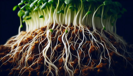 A close-up of microgreens roots, Ai generated image