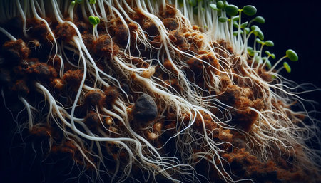 A close-up of microgreens roots, Ai generated image