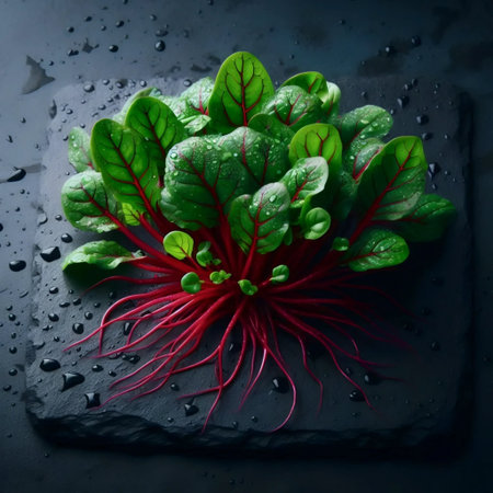A colorful beet microgreens display, Ai generated image