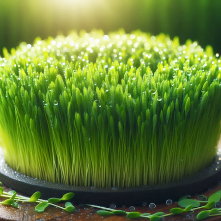 A juicy wheatgrass microgreens shot, Ai generated image