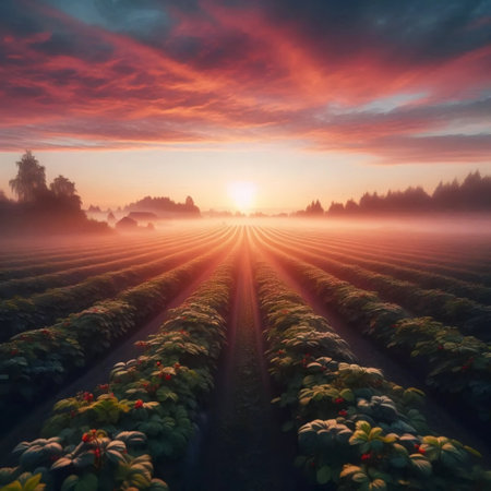 A berry field sunrise panorama, Ai generated image