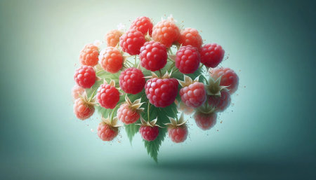 A sun-ripened raspberry cluster, Ai generated image