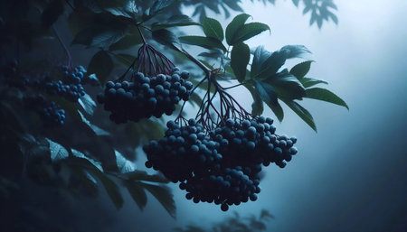 A midnight blue elderberry cluster, Ai generated imageの写真素材