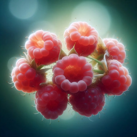 A sun-ripened raspberry cluster, Ai generated imageの写真素材