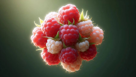 A sun-ripened raspberry cluster, Ai generated image