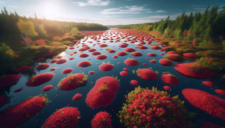 A vibrant cranberry bog harvest, Ai generated image