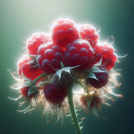 A sun-ripened raspberry cluster, Ai generated image