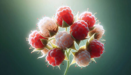 A sun-ripened raspberry cluster, Ai generated image