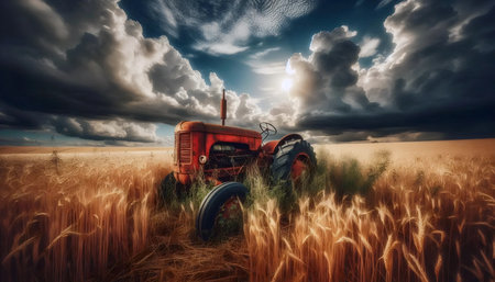 A vintage tractor in field, Ai generated imageの写真素材
