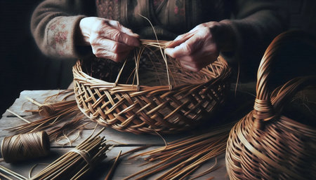 Weaving harvest basketの写真素材